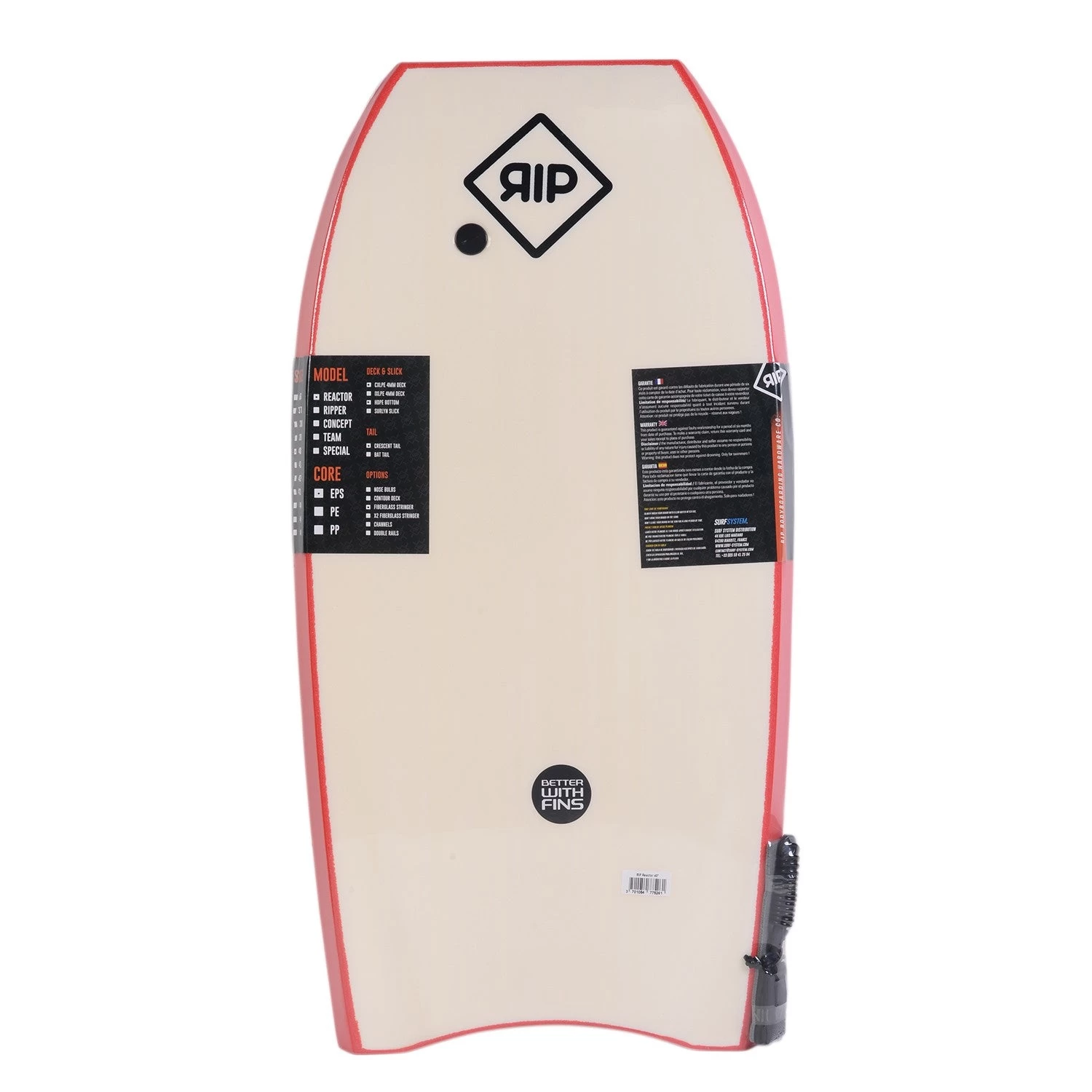 RIP Bodyboard - Reactor Stringer Avec Leash (EPS) - Red / White 4 RIP Bodyboard - Reactor Stringer Avec Leash (EPS) - Red / White – Image 2